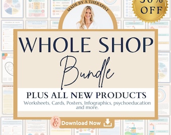 Mega shop bundle, Anxiety, depression, trauma, PTSD, CBT, family, couples, self-worth, self-esteem, sfbt, therapy worksheets, bpd, kids