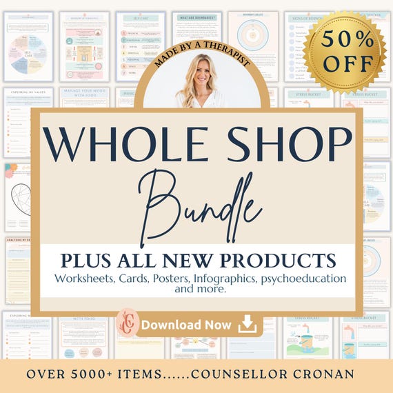 Mega shop bundle, Anxiety, depression, trauma, PTSD, CBT, family, couples, self-worth, self-esteem, sfbt, therapy worksheets, bpd, kids
