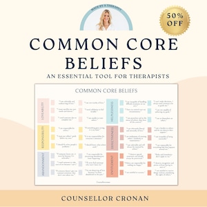 Common Core beliefs. Psychoeducation. Thinking traps, Automatic thinking. Negative thinking. positive mindset, therapy worksheets, CBT Tools