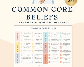 Könnte beinhalten: Ein druckbares Arbeitsblatt mit dem Titel "Common Core Beliefs: Ein wichtiges Werkzeug für Therapeuten" mit einem Raster aus 12 Kästchen. Jedes Kästchen enthält eine Liste von Aussagen zu grundlegenden Überzeugungen, wie z. B. Liebenswürdigkeit, Verantwortung, Verlassenheit, Anspruch, Defizit und Hilflosigkeit. Das Arbeitsblatt soll Therapeuten dabei helfen, grundlegende Überzeugungen zu identifizieren und zu behandeln, die sich auf das Wohlbefinden ihrer Klienten auswirken können.