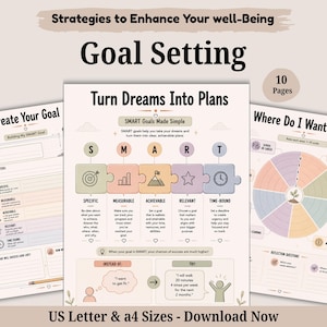 Puede incluir: Un conjunto de planificador de objetivos de 10 páginas con tres hojas que incluyen el texto Strategies to Enhance Your well-Being, Goal Setting, Turn Dreams Into Plans, SMART Goals Made Simple y Where Do I Want To Grow, disponible en tamaño A4.