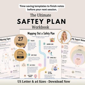 以下が含まれることがあります： 27ページのデジタルワークブック「The Ultimate SAFTEY PLAN Workbook」。早期警告サイン、安全計画の策定、サポートネットワーク構築のためのテンプレートが含まれています。PDF形式で、USレターサイズとA4サイズに対応しています。