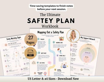 May include: A 27-page digital workbook titled The Ultimate SAFTEY PLAN Workbook, featuring templates for early warning signs, mapping a safety plan, and building a support network. Includes PDF format, US Letter and A4 sizes, and instructional text.
