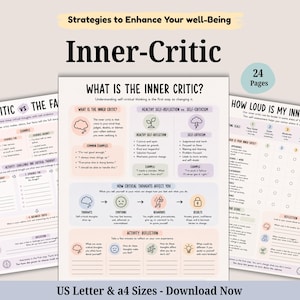 May include: A 24-page digital workbook titled Strategies to Enhance Your well-Being Inner-Critic. The pages feature pastel-colored sections with headings like What is the Inner Critic, The Critic vs The Fact, and How Loud is My Inner Critic.