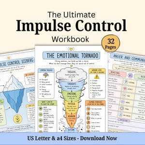 Puede incluir: Un libro de ejercicios digital de 32 páginas titulado The Ultimate Impulse Control Workbook, que presenta tres páginas con ilustraciones que incluyen un diagrama de iceberg, una tornado emocional y una guía de comunicación en tamaños US Letter y A4.