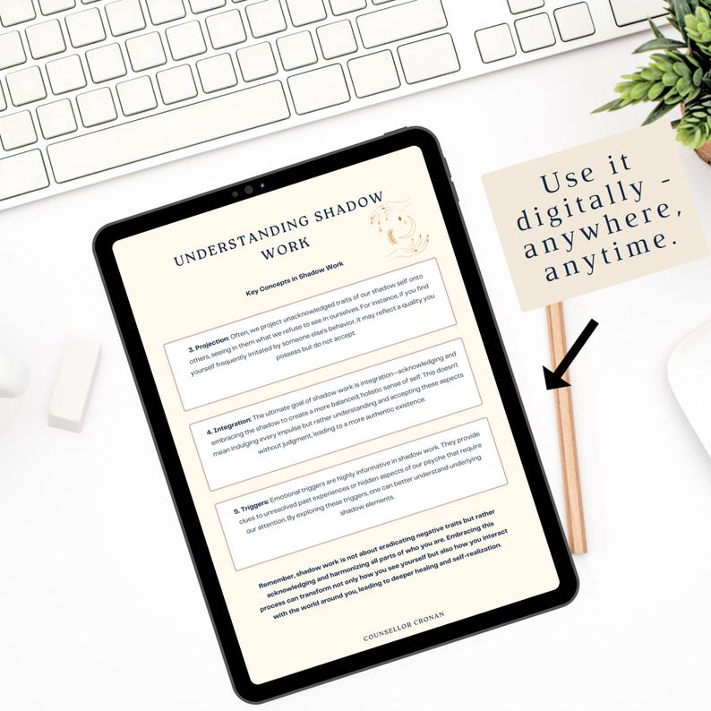 Puede incluir: Una tableta digital que muestra una p&aacute;gina con el t&iacute;tulo "Comprender el trabajo de la sombra" y una lista de conceptos clave del trabajo de la sombra. El texto en la tableta es en blanco y negro, y el fondo es gris claro. La tableta est&aacute; sobre una superficie blanca, y hay un l&aacute;piz y una planta en el fondo.