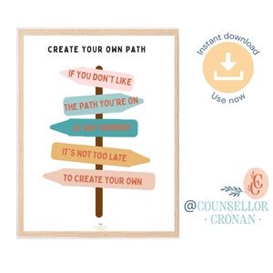 May include: Printable wall art featuring a signpost illustration with the text "CREATE YOUR OWN PATH". The signpost has five arrows pointing in different directions with the following text: "IF YOU DON'T LIKE THE PATH YOU'RE ON", "AT ANY MOMENT", "IT'S NOT TOO LATE", and "TO CREATE YOUR OWN".