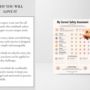 May include: A My Current Safety Assessment worksheet featuring a grid of emotional states including stress, anxiety, and hopelessness with numbered rating circles. The document includes reflection questions and an important reminder section at the bottom.