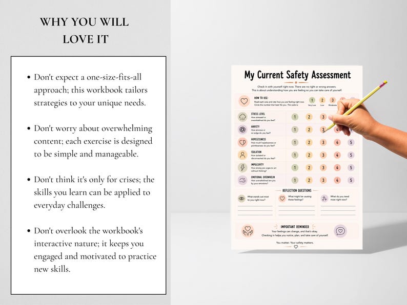May include: A My Current Safety Assessment worksheet featuring a grid of emotional states including stress, anxiety, and hopelessness with numbered rating circles. The document includes reflection questions and an important reminder section at the bottom.