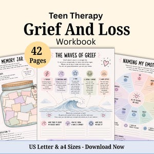 Può includere: Un quaderno di esercizi di 42 pagine sul lutto e la perdita per adolescenti con tre fogli di attività stampabili. Le pagine includono My Memory Jar, The Waves Of Grief e Naming My Emotions, con illustrazioni in tonalità pastello.