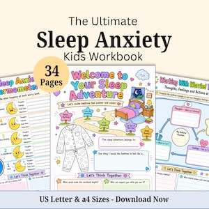 Könnte beinhalten: Ein 34-seitiges digitales Arbeitsbuch mit dem Titel The Ultimate Sleep Anxiety Kids Workbook, das farbenfrohe Arbeitsblätter mit Illustrationen von Schlafanzügen, einem Bett und einem Schlafthermometer enthält, um Kindern zu helfen.