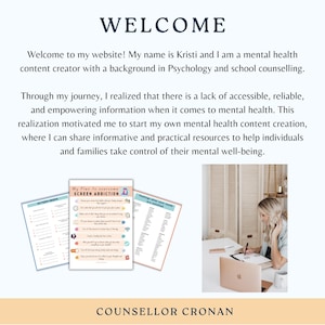May include: A woman sits at a desk with a laptop and a notebook. She is on the phone and writing in the notebook. The text on the page says "My Plan to Overcome Screen Addiction".