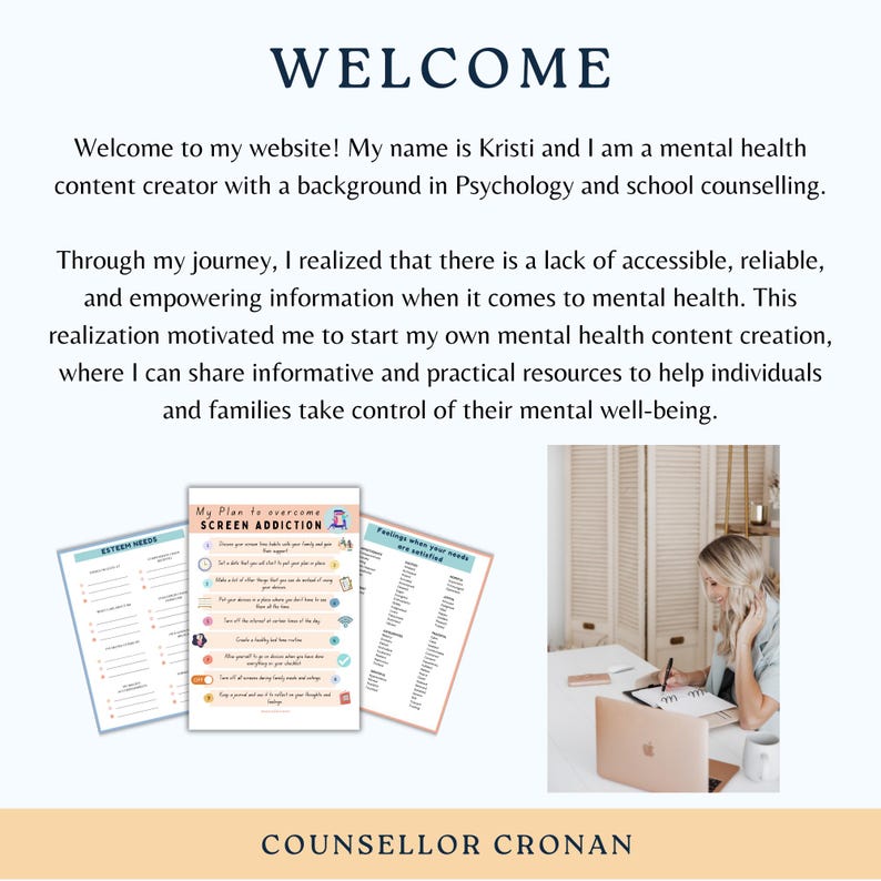 May include: A woman sits at a desk with a laptop and a notebook. She is on the phone and writing in the notebook. The text on the page says "My Plan to Overcome Screen Addiction".