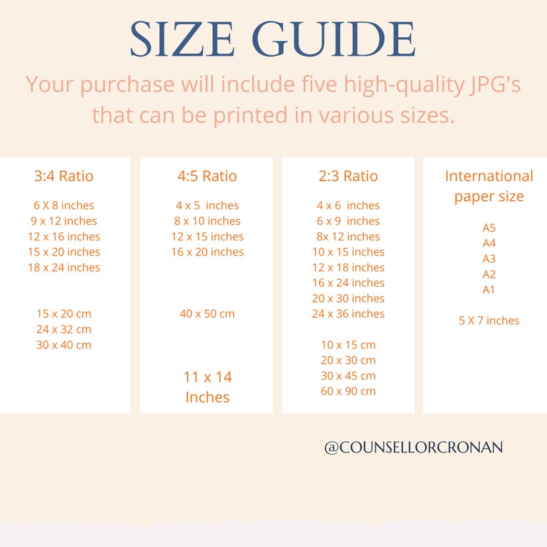 May include: A size guide for printable images, showing different aspect ratios and corresponding sizes in inches and centimeters. The guide includes international paper sizes, such as A5, A4, A3, A2, and A1, as well as a 5 x 7 inch size.