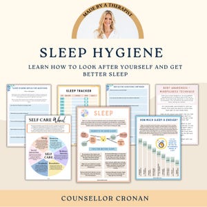 May include: A collection of printable guides and worksheets focused on sleep hygiene and self-care. The materials include a sleep tracker, reflective questions, and information on topics like body awareness and mindfulness techniques. The title "Sleep Hygiene" is prominently displayed.