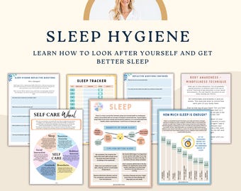 Sleep hygiene worksheets, sleep journal, sleep habits, sleep cycle, therapy office decor, self care, acceptance and commitment therapy, CBT