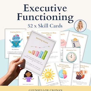 May include: A set of 52 skill cards for executive functioning, featuring colorful illustrations and text. The cards cover topics like setting goals, managing time, and coping skills. The title "Executive Functioning" is displayed prominently.
