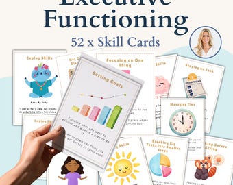 May include: A collection of 52 skill cards focused on executive functioning, with various illustrations and text. The cards address topics such as setting goals, managing time, and coping skills. The title "Executive Functioning" is displayed.