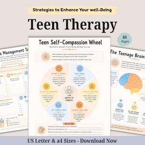 Teen Therapy Workbook - 46 Pages of effective coping strategies, reflective questions and life skills. CBT. Therapist workbook. Self-care