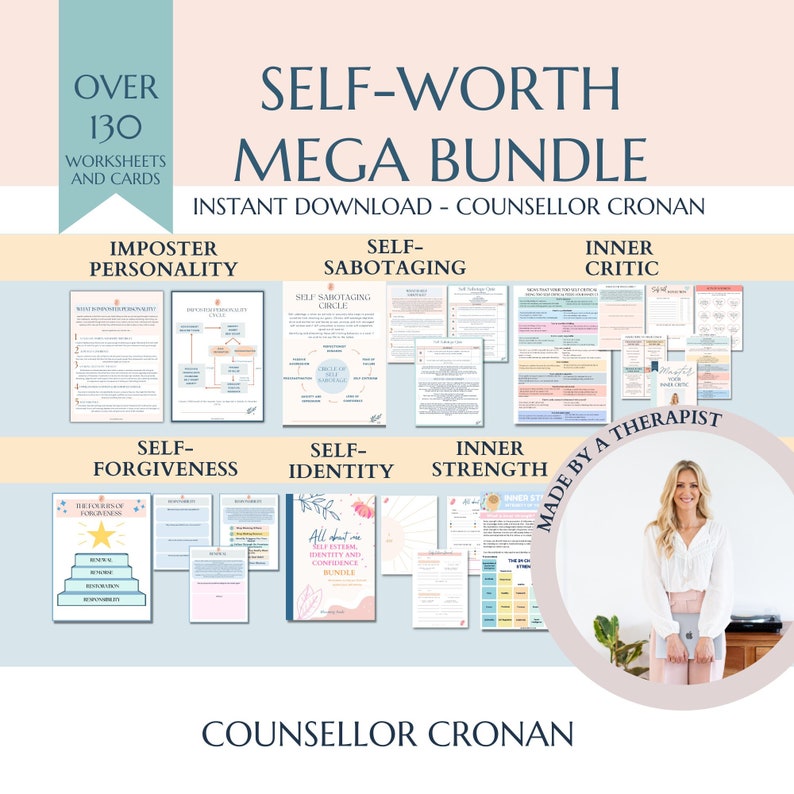 Self worth worksheet and cards bundle, self esteem, confidence, teen girls, inner critic, self sabotage, self identity, mental health, CBT image 1