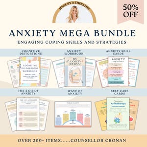 Paquete de manejo de la ansiedad, más de 230 hojas de trabajo de terapia, tarjetas de ansiedad, recursos de salud mental, desencadenantes de ansiedad, TCC, TLP, trastorno bipolar, SEL,