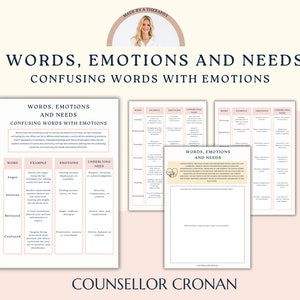 Peut inclure: Une feuille de travail imprimable intitulée "Mots, émotions et besoins : Confondre les mots avec les émotions". La feuille de travail est divisée en quatre colonnes : Mot, Exemple, Émotions et Besoin sous-jacent. La feuille de travail comprend des exemples de mots comme "Colère", "Anxieux", "Trahi" et "Confus".