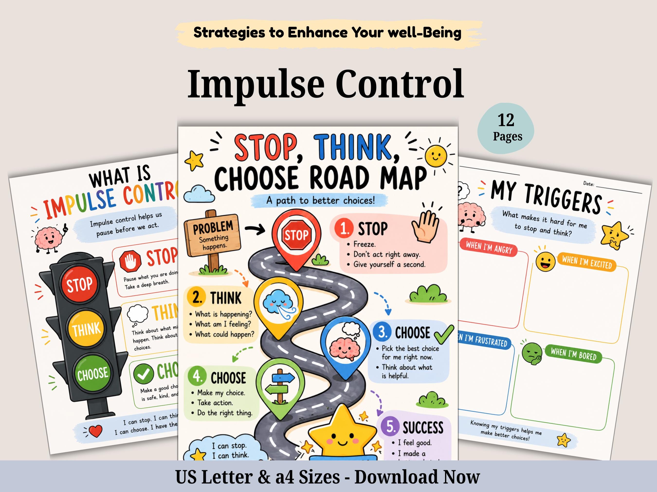 Impulse Control Workbook for Kids. Stop Think Go Posters. Children ...