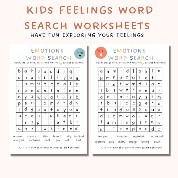 feelings word search worksheets kids feelings calming down etsy