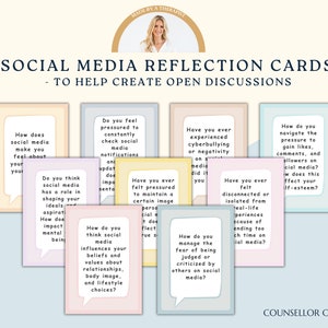Reflectievragen over sociale media. Therapiewerkbladen. Groepstherapie. Tiener geestelijke gezondheid. Gezonde grenzen. Zelfzorg. Cyberpesten. CGT