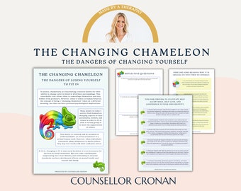 The Changing Chameleon.  A Workbook about not changing your colors to fit in - be your true self. Self-Identity, Self-esteem. Confidence.