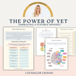 May include: A printable worksheet with the title "The Power of Yet: Embracing a Flexible Mindset". The worksheet includes a section on reframing thoughts, a positive mindset quiz, and a diagram of a brain with different colored sections labeled "Fixed" and "Flexible".