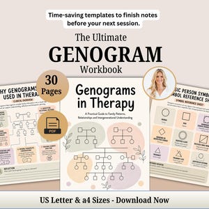 May include: A 30-page digital workbook titled The Ultimate Genogram Workbook, featuring Genograms in Therapy, a symbol reference sheet, and clinical overview pages. Includes US Letter and A4 sizes for download, with templates for family patterns.