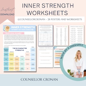 Inner strength worksheets, Solution focused therapy strengths, SFBT, character strengths and virtues, teen mental health, resilience growth