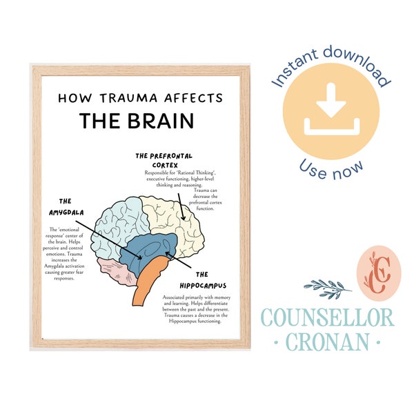 How trauma affects the brain, therapy office decor, therapy wall art, DBT poster, BPD, Recovery, counselling, social worker, CBT