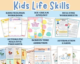 Puede incluir: Una descarga digital colorida para las habilidades de vida de los niños. La descarga incluye hojas de trabajo para los sentimientos de los niños, el método de disculpa de helado, el acoso, los pensamientos negativos automáticos, la adicción a la pantalla y tarjetas de afirmación.