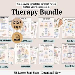 Könnte beinhalten: Ein digitales Therapie-Paket mit über 215 Seiten an druckbaren Vorlagen. Die Sammlung enthält Arbeitsblätter zu kognitiven Verzerrungen, ACT-Therapie, KVT, Selbstfürsorge, Identität, Grenzen, Depressionen und dem inneren Kritiker in US Letter und A4.