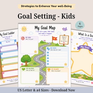 May include: A set of six printable goal setting worksheets for kids featuring colourful illustrations of a goal ladder, a goal map, and a star-shaped goal tracker. The pages include text prompts like My Goal Ladder, My Goal Map, and What Is a Goal.