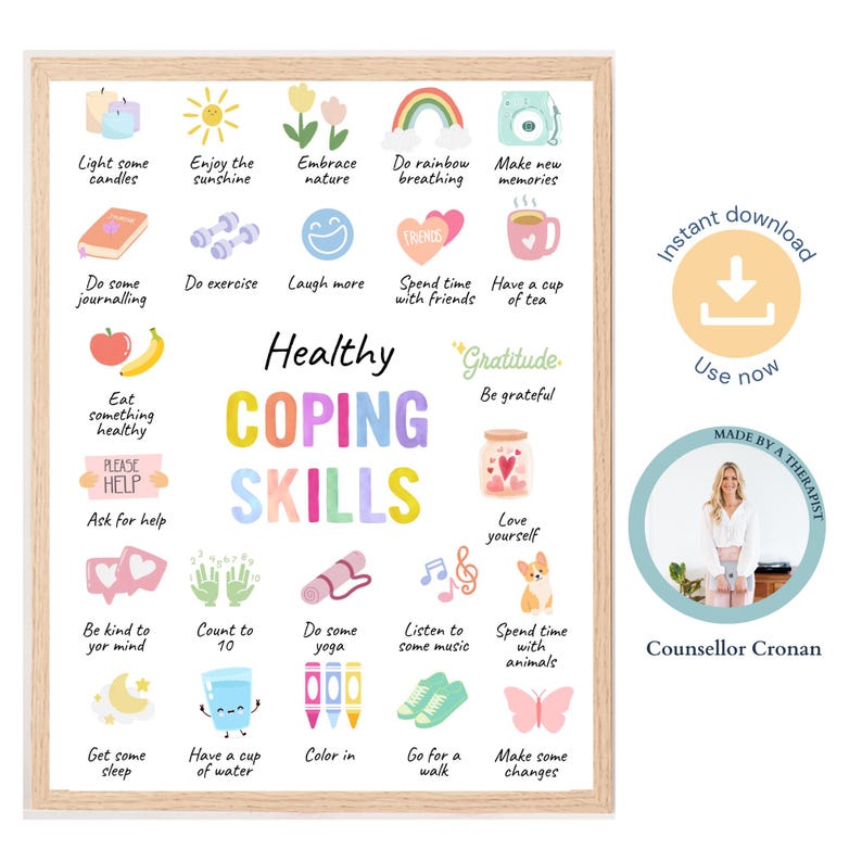 Healthy Coping Skills Watercolor Poster. Therapy Office Decor. Wall Art ...
