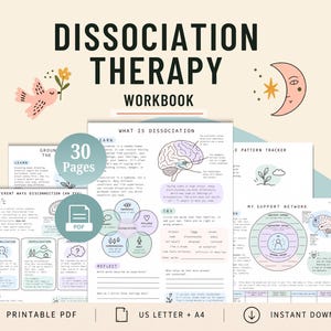 Op de afbeelding: Een 30-pagina tellend Dissociation Therapy Workbook in PDF-formaat. Het document bevat educatieve inhoud, hersendiagrammen en reflectieoefeningen. Het bevat een illustratie van een maan en vogel, met tekstlabels zoals What is Dissociation, Different Ways Disconnection Can Feel en My Support Network.