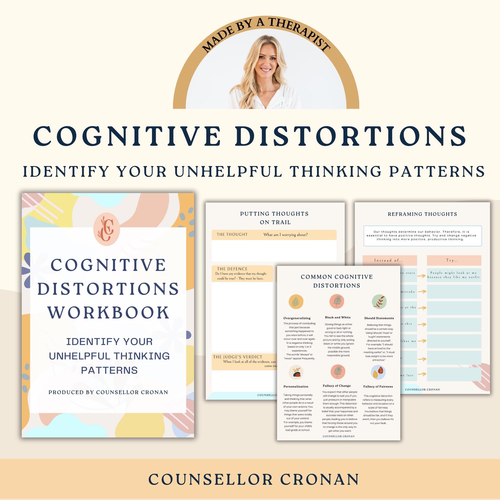 Cognitive distortions worksheets, challenge unhelpful thinking styles, therapy worksheets, psychology, coping skills, bpd, DBT, CBT, anxiety