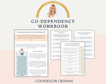 May include: A workbook titled "Co-Dependency Workbook" with a pink and blue color scheme. The workbook includes sections on understanding co-dependency, signs and symptoms of co-dependency, and 18 steps for overcoming co-dependency. The workbook also includes a questionnaire titled "Are you struggling with co-dependency?" with yes or no options.