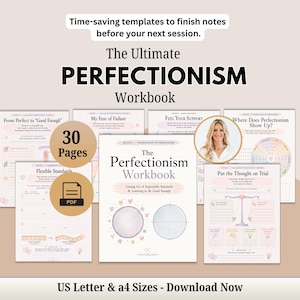 Pode incluir: Um livro de exercícios digital intitulado The Ultimate Perfectionism Workbook com 30 páginas em formato PDF. A capa apresenta o texto Letting Go of Impossible Standards & Learning to Be Good Enough, juntamente com várias folhas de trabalho com tons pastel.