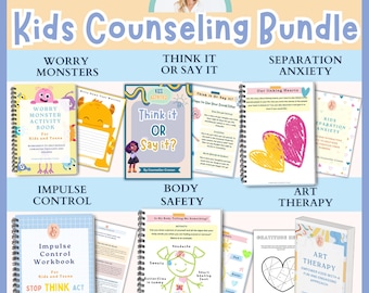 May include: A collection of colorful printable workbooks for kids, designed to help with common childhood challenges. The workbooks cover topics such as worry monsters, impulse control, body safety, think it or say it, separation anxiety, and art therapy. Each workbook features a unique design and engaging activities.