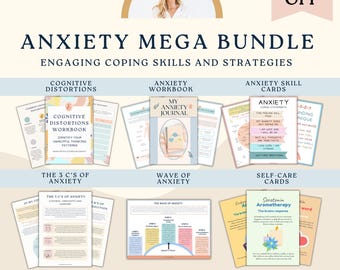 Méga lot sur l'anxiété, ressources pour psychologues, feuilles de travail thérapeutiques, outils de ressources en santé mentale, cartes d'autosoins, cabinet de thérapie, tcc,