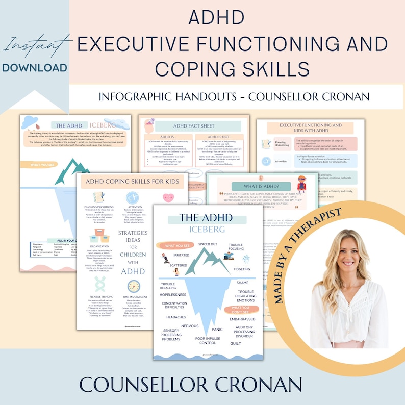 May include: A set of printable infographics for counselors and therapists working with children with ADHD. The infographics include information about ADHD, coping skills, and executive functioning. The infographics are designed in a colorful and engaging style with illustrations of mountains, icebergs, and a superhero.