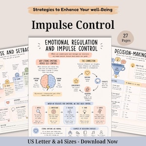 Könnte beinhalten: Ein 27-seitiges digitales Arbeitsbuch mit dem Titel Strategies to Enhance Your Well-Being, das Arbeitsblätter zu Impulskontrolle, Rückfällen und Entscheidungsfindung enthält, illustriert mit Diagrammen und Symbolen in Pastelltönen.