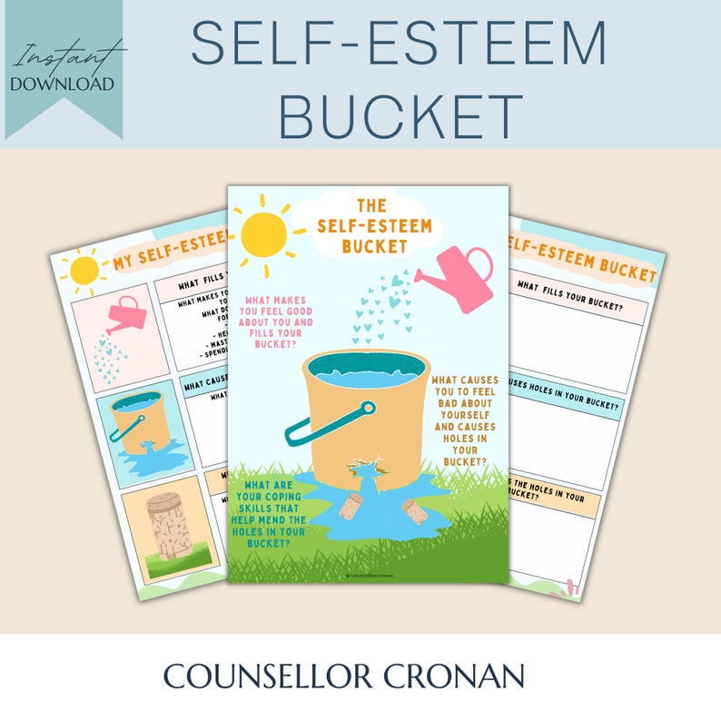 May include: A printable worksheet with a self-esteem bucket theme. The worksheet has three sections: What fills your bucket, What causes holes in your bucket, and What are your coping skills that help mend the holes in your bucket. The worksheet features a cartoon bucket, a sun, and a watering can.