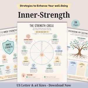 May include: A 20-page digital workbook titled Inner-Strength featuring three pages with pastel-coloured illustrations, including a strength circle diagram, a tree graphic for discovering strengths, and a guide defining inner strength concepts.