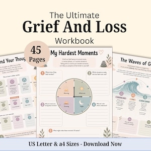 Puede incluir: Un cuaderno de ejercicios sobre el duelo y la pérdida de 45 páginas con tres páginas tituladas The Ultimate Grief And Loss Workbook, Grief and Your Thoughts, My Hardest Moments y The Waves of Grief, con gráficos y texto en tonos pastel.