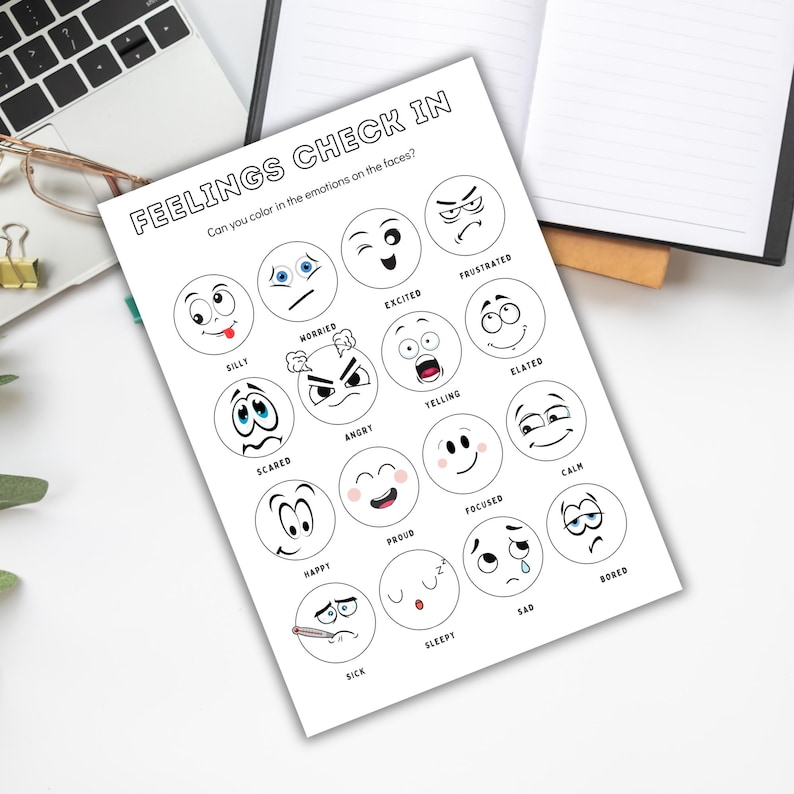 Puede incluir: Una hoja de trabajo imprimible de control de sentimientos con 16 caras de dibujos animados en blanco y negro que representan diferentes emociones. La hoja de trabajo incluye las palabras "Control de sentimientos" y "&iquest;Puedes colorear las emociones en las caras?" en la parte superior.